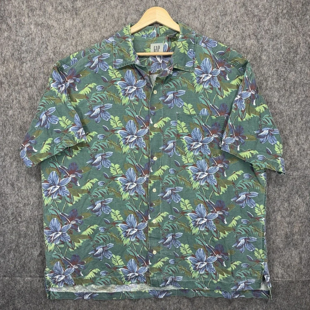Vintage GAP Loop Collar Hawaiian Aloha Shirt Men's XL Linen Blend Floral Green - Picture 2 of 7